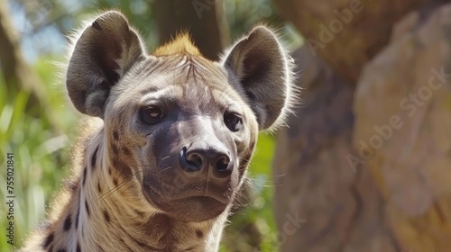 a close up of a hyena looking at the camera with a blurry background of trees in the background. photo