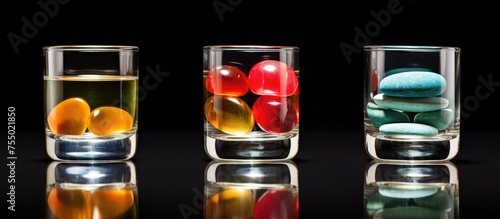 Three highball glasses containing a mix of colorful liquid pills on a dark table, resembling automotive lighting. Each glass holds a different fluid ingredient