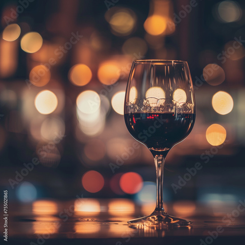 A glass of wine on the table in luxury bar and blurred bokeh background.