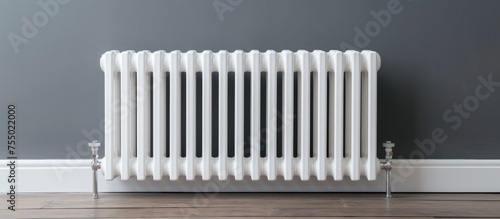 A white heating radiator is situated in front of a gray wall in an apartment. The radiator appears clean and modern, contrasting with the plain backdrop of the wall.