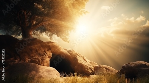 Empty tomb of Jesus in sun rays. Christian, catholic easter. Concept of Jesus resurrection day, Gods blessing concept photo