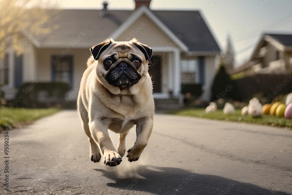 Cute pug dog running on the road in front of house