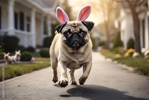 pug dog in easter bunny ears running on the road.