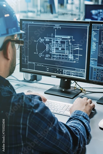 Engineer With a Helmet Working with CAD Software on Desktop Computer