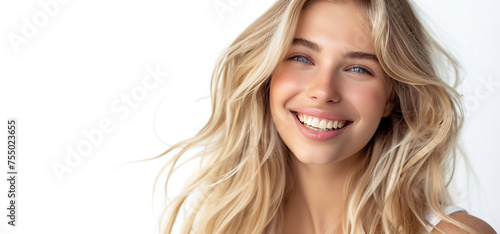 Portrait of young happy blonde woman. Skin care beauty, skincare cosmetics, dental concept, isolated over white background with copy space.  © Mladen