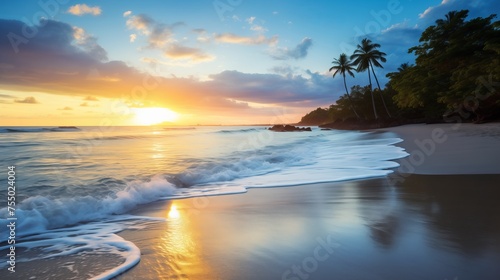 Idyllic Sunrise on a Tropical Beach with Palm Trees and Reflective Shore