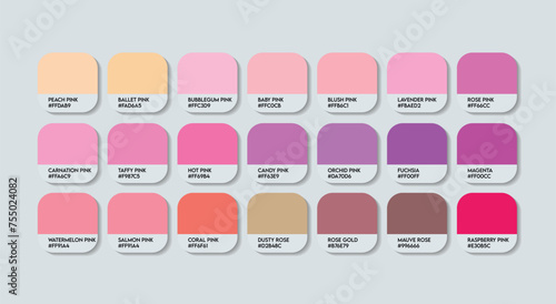 Rose Color Guide Palette with Color Names. Catalog Samples Pink with RGB HEX codes and Names. Metal Rose Colors Palette Vector, Wood and Plastic Rose Color Palette, Fashion Trend Pink Color Palette