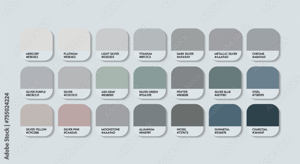 Silver Color Palette with color names. Catalog Samples Ash color with ...