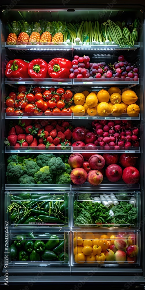 Well-organized fridge full of fresh produce. vibrant vegetables and fruits displayed. healthy lifestyle concept. vertical view. AI