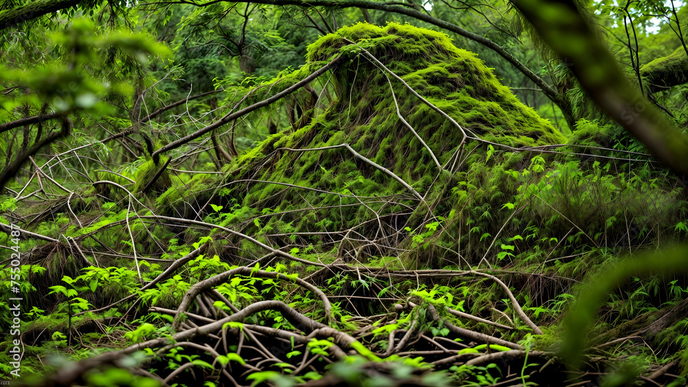 Lush Green Forest Floor With Moss-Covered Trees and Fallen Branches. Lush Green Forest Floor With Moss-Covered Trees and Fallen Branches.