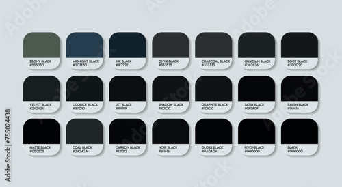 Black Color Palette, with Color Names. Catalog Samples are Black with RGB HEX codes and Names. Metal Colors Palette Vector, Wood and Plastic Dark Color Palette, Fashion Trend Black Color Palette