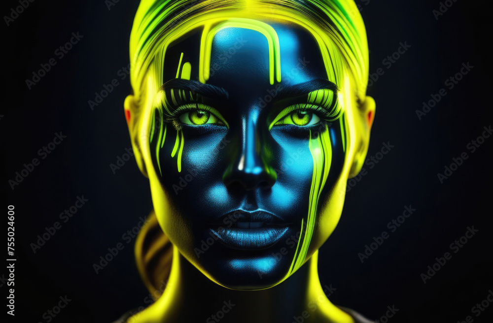 Portrait of a woman with stripes of paint on her face, bright colors, bright yellow neon eyes Portrait of a woman with stripes of paint on her face, bright colors, bright yellow neon eyes