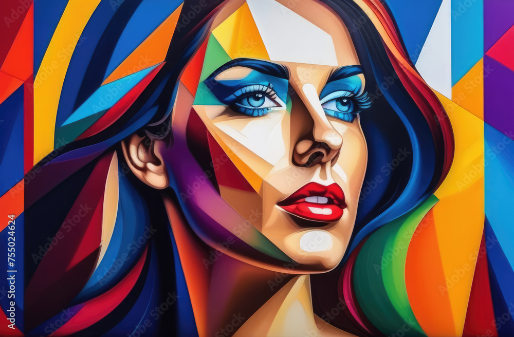 geometric multicolored portrait of a woman - obrazy, fototapety, plakaty 