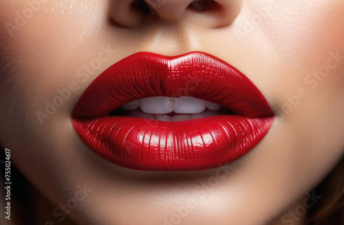 Close-up shot of beautiful female lips with glossy red lipstick