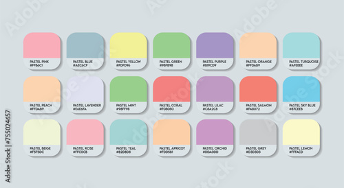 Pastel Color Palette in RGB HEX, Catalog Samples of Pastel Colors Vector, Pastel Color Guide Palette with Color Names. Color Palette Vector, Pastel Colors Palette, Fashion Trend Pastel Colors Switcher