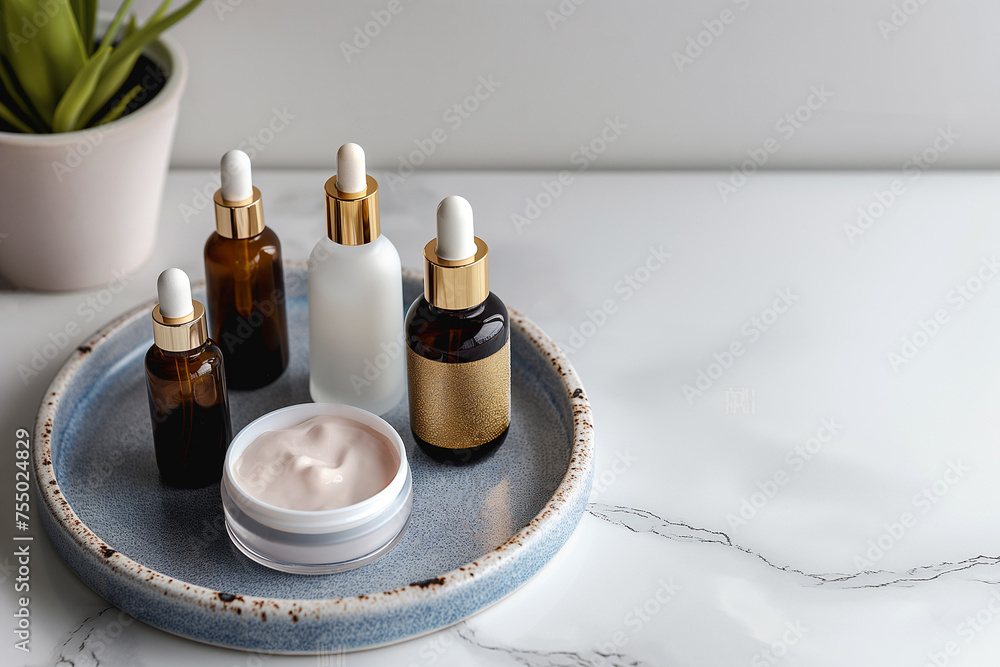 Skin care essence serum bottles with dropper on marble cosmetic tray on light background. Vitamins for skin. Hydrating anti aging serum and cream with collagen and peptides. Cosmetic, nature concept Skin care essence serum bottles with dropper on marble cosmetic tray on light background. Vitamins for skin. Hydrating anti aging serum and cream with collagen and peptides. Cosmetic, nature concept