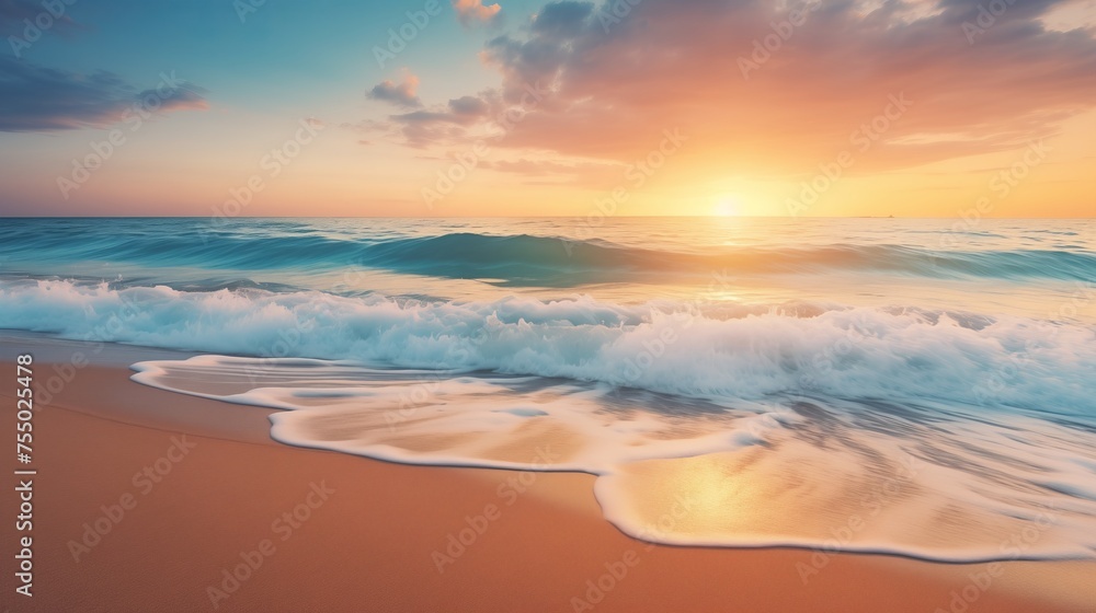 Ocean Beach Sunset with Waves on Golden Sand