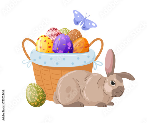 Bunny with basket of Easter eggs. Spring Easter cute rabbit and painted chicken eggs flat vector illustration. Spring Easter egg hunt game symbols