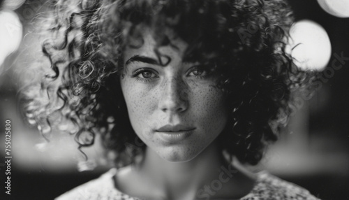 black and white portrait of a woman with curly hair, generative ai