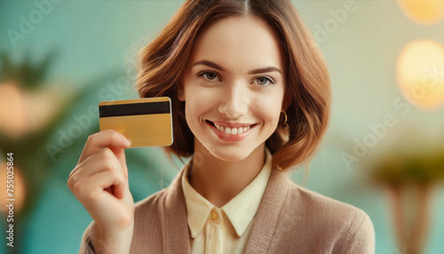 Smiling woman holds her credit card in her hand 