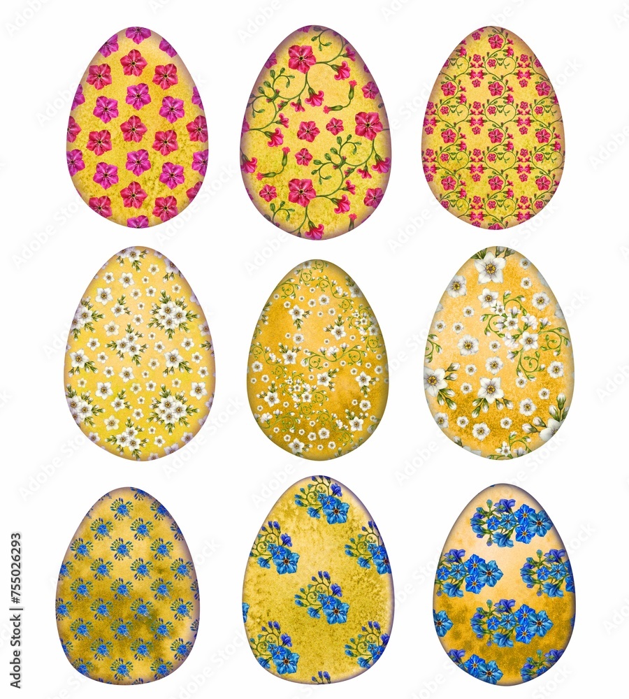 Watercolor Easter yellow egg with floral pattern of spring blooming primroses for Easter clipart, cards, invitations, stickers, scrapbooking, borders, patterns, wrapping, gifts, wallpaper, background