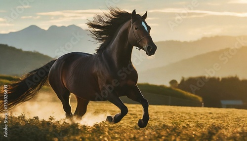 Powerful horse galloping across open field at dawn, capturing its strength and freedom, ideal for equestrian and nature lovers 