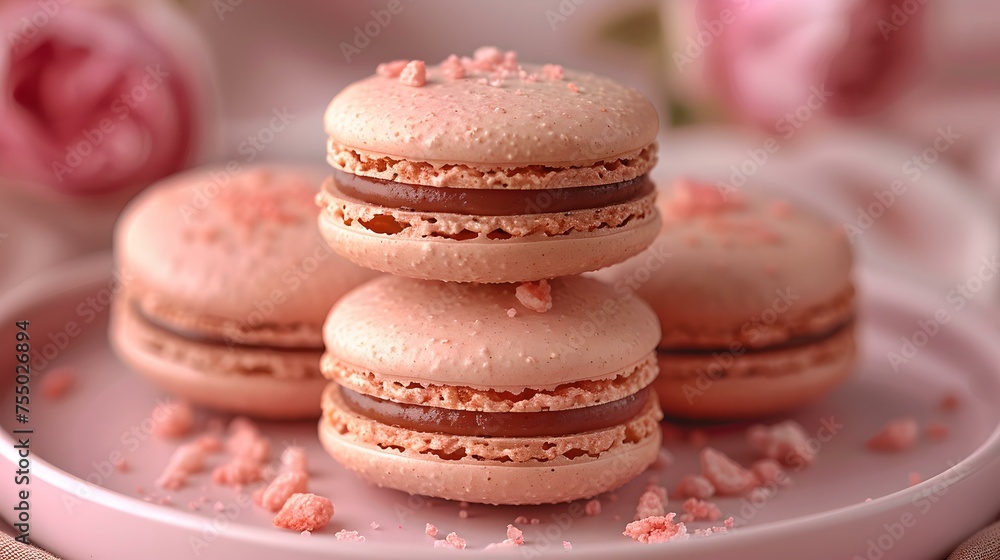 Three delicious pink macarons on a pastel plate, a sweet french pastry for dessert. perfect for culinary blogs and recipe websites. AI