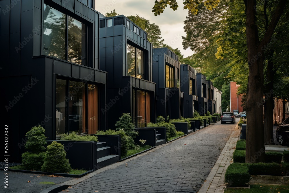 Obraz premium Upscale Private black townhouses. Wall facade. Generate Ai