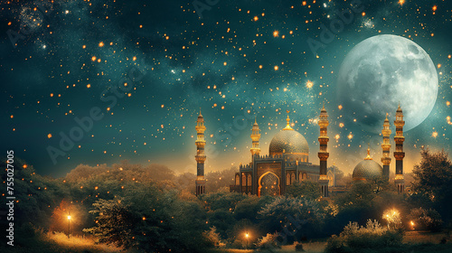 mosque in night landscape with moon and clouds background