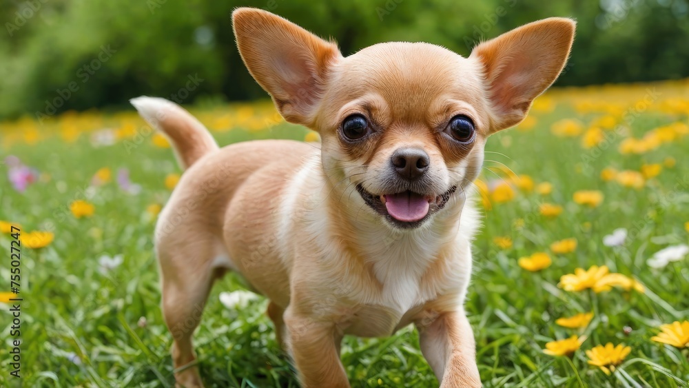 Red smooth coat chihuahua dog in flower field