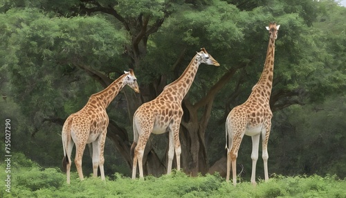A Group Of Giraffes Grazing On Treetop Leaves
