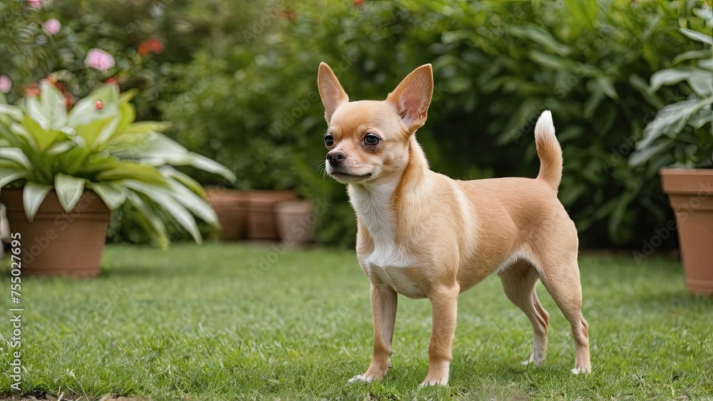 Red smooth coat chihuahua dog in the garden