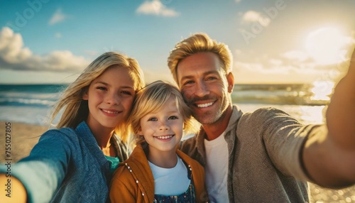 Young family with children taking selfie shot at the beach