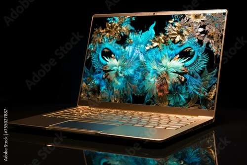 Futuristic Laptop product photo with abstract screen display. New computer technology advertising photography. Generate ai