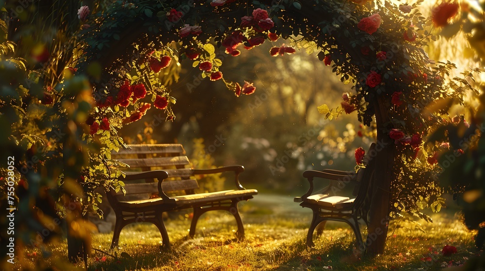 Golden hour in a serene garden with flowering arch and benches. peaceful, ideal for relaxation and wall art. captured by AI