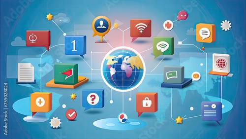 Wallpaper Mural  an illustration of a blue and green globe surrounded by various communication and social media icons, including a speech bubble, a location pin, and an envelope Torontodigital.ca