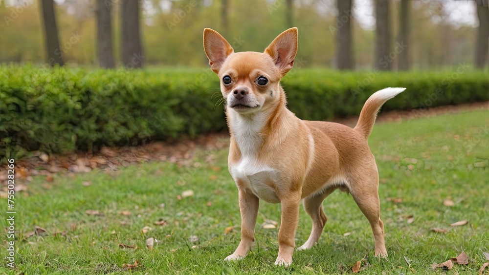 Red smooth coat chihuahua dog in the park