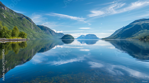 A serene coastal inlet with calm waters reflection