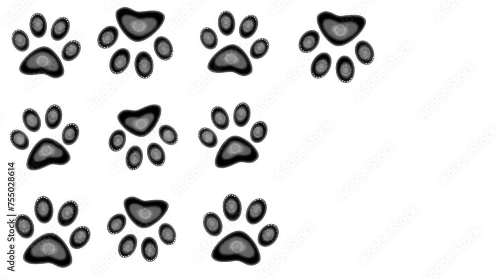Walking Dog paw prints are black on white. Footprints of an animal predator. Walking Dog paw prints are black on white. Footprints of an animal predator.