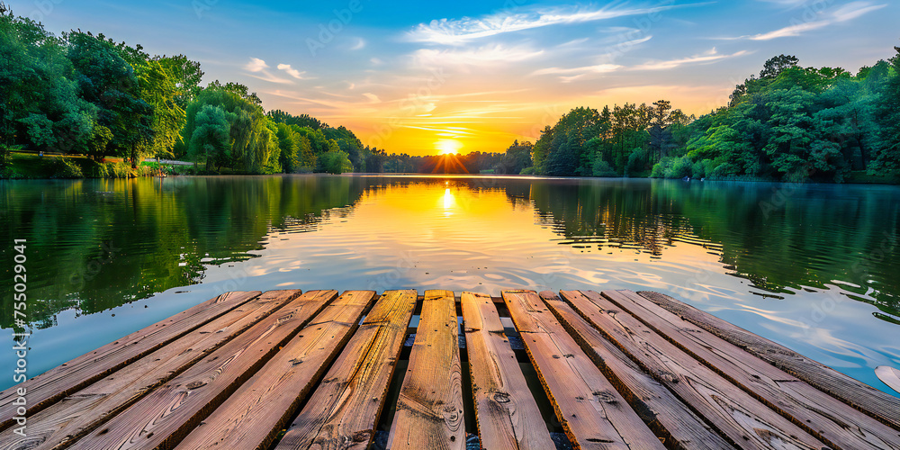 Naklejka premium Serene Lake Sunset with Wooden Pier, Calm Water Reflections, Perfect for Relaxation and Nature Background