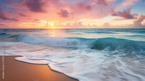 Stunning Sunset Over Ocean Waves on a Pristine Beach