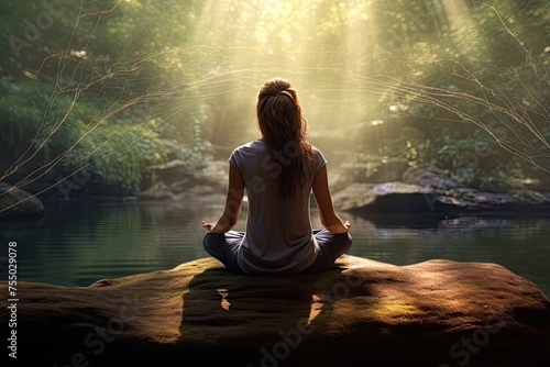 Tranquil Meditation: A Woman Finds Peace Beside a Lush Waterfall Illuminated by Sunbeams