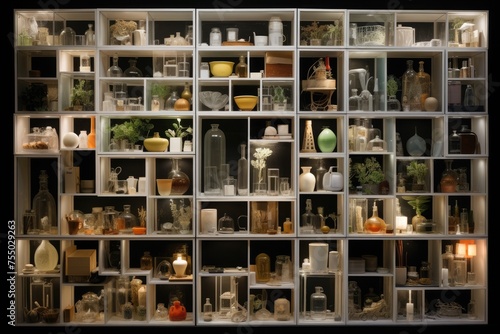 Wooden shelves filled with all sorts of jars