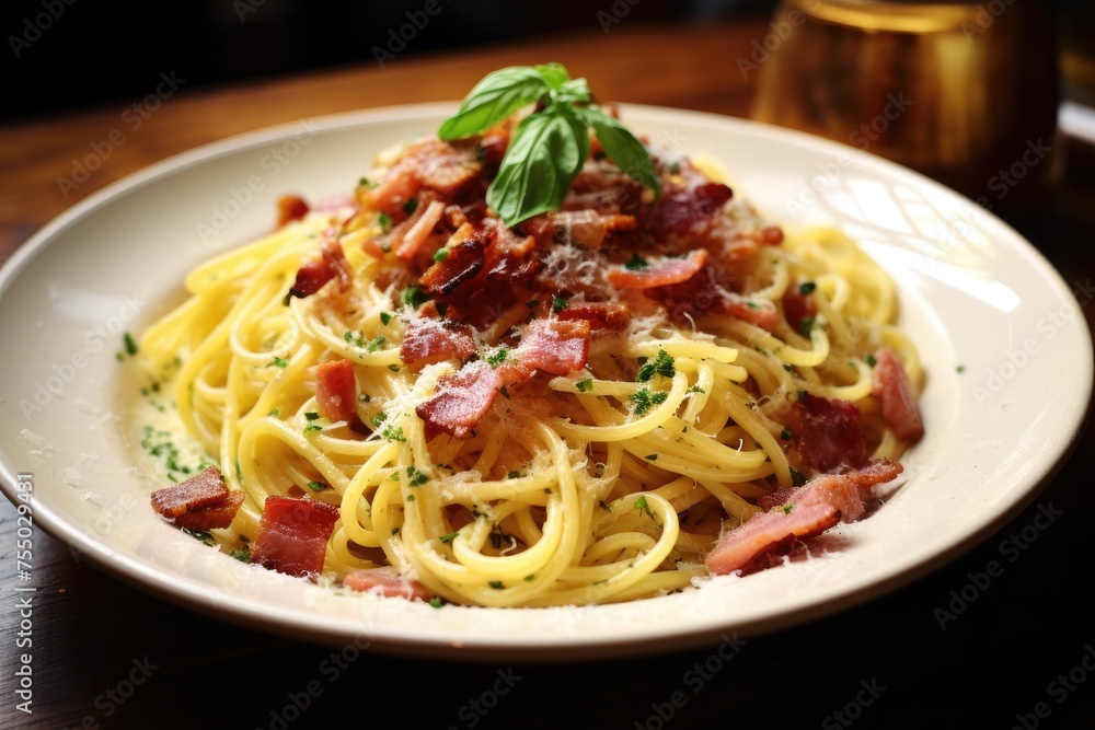 Creamy spaghetti carbonara with bacon and basil garnish Creamy spaghetti carbonara with bacon and basil garnish