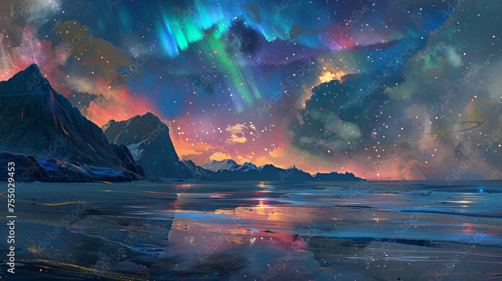 A surreal seascape with colorful auroras dancing