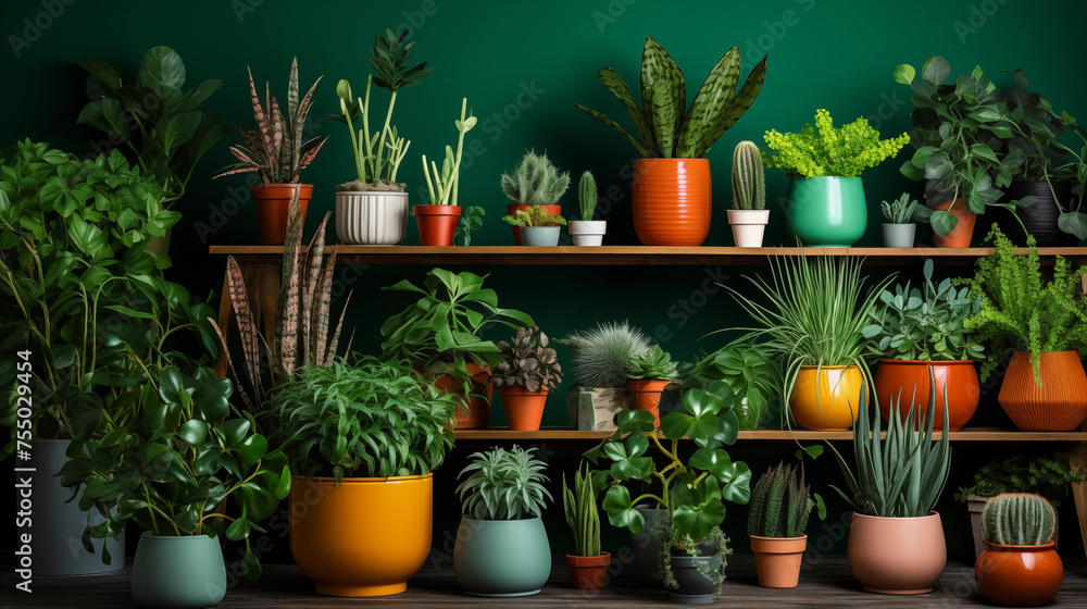 A collection of ornamental plants on a wooden shelf