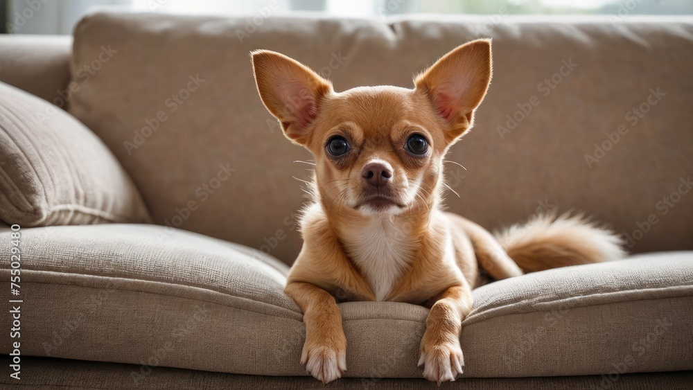 Red smooth coat chihuahua dog lying on sofa at home