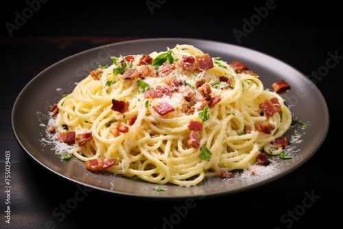 Creamy spaghetti carbonara with bacon and basil garnish