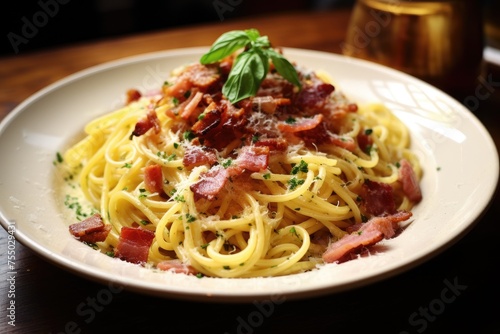 Creamy spaghetti carbonara with bacon and basil garnish