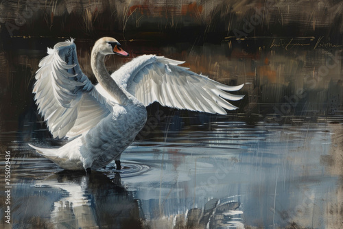 A graceful swan, neck arched, lifts its wings. Its reflection in the water completes the serene scene